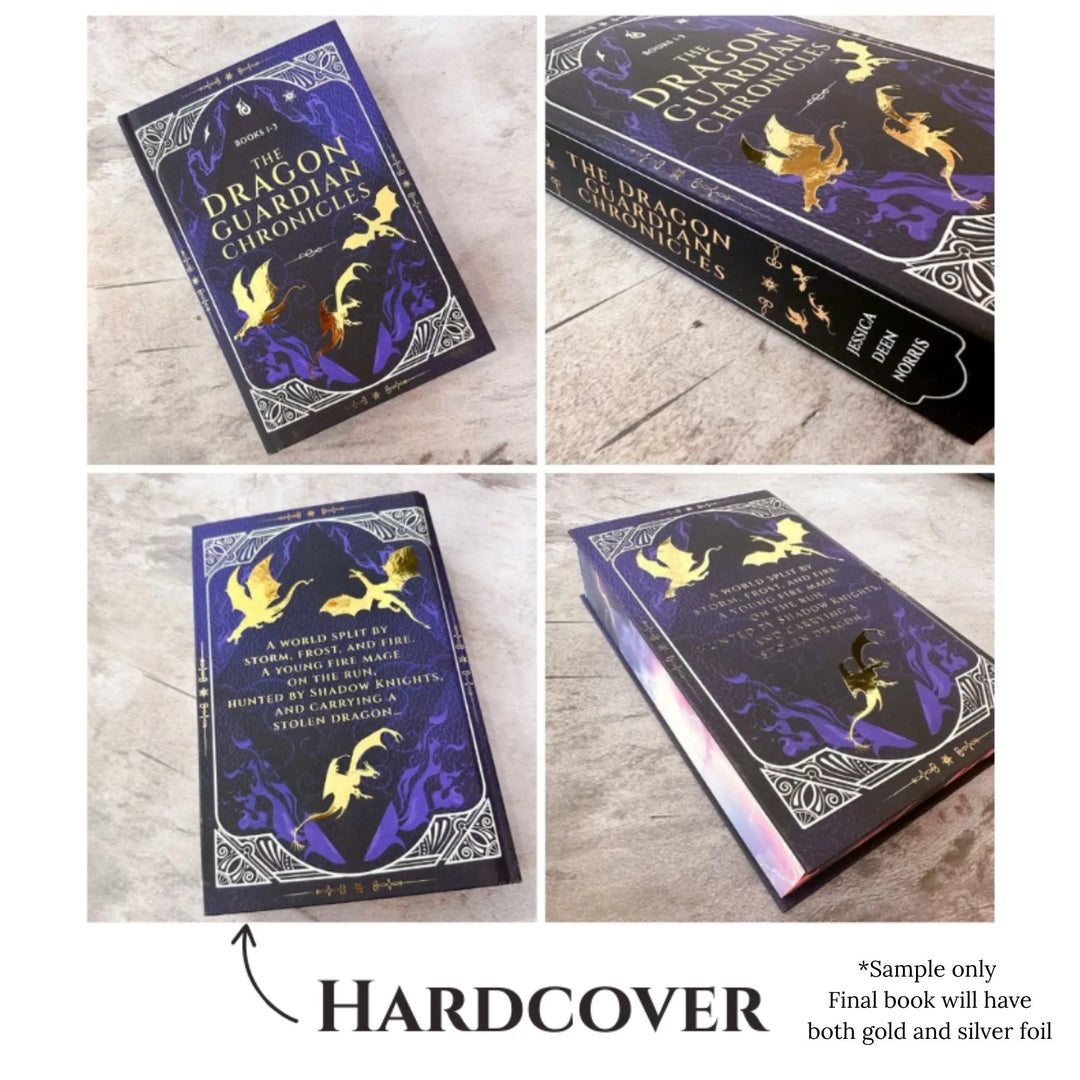 Four angled photos of The Dragon Guardian Chronicles hardcover omnibus sample. The dark purple cover features gold foil dragon silhouettes, silver decorative borders, and lightning-like accents. Text notes that this is a sample only and the final book will include both gold and silver foil.