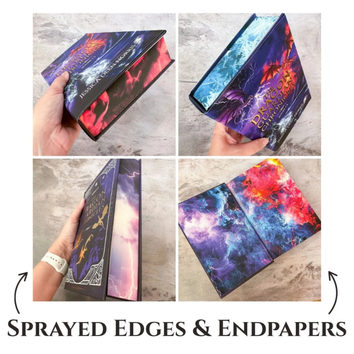Four photos of The Dragon Guardian Chronicles hardcover omnibus highlighting its sprayed edges and illustrated endpapers. The top edge design is blue frost, the side edge design is purple lightning, and the bottom edge design is red flames. The interior endpapers show swirling lightning and clouds in matching colors of red, blue, and purple.