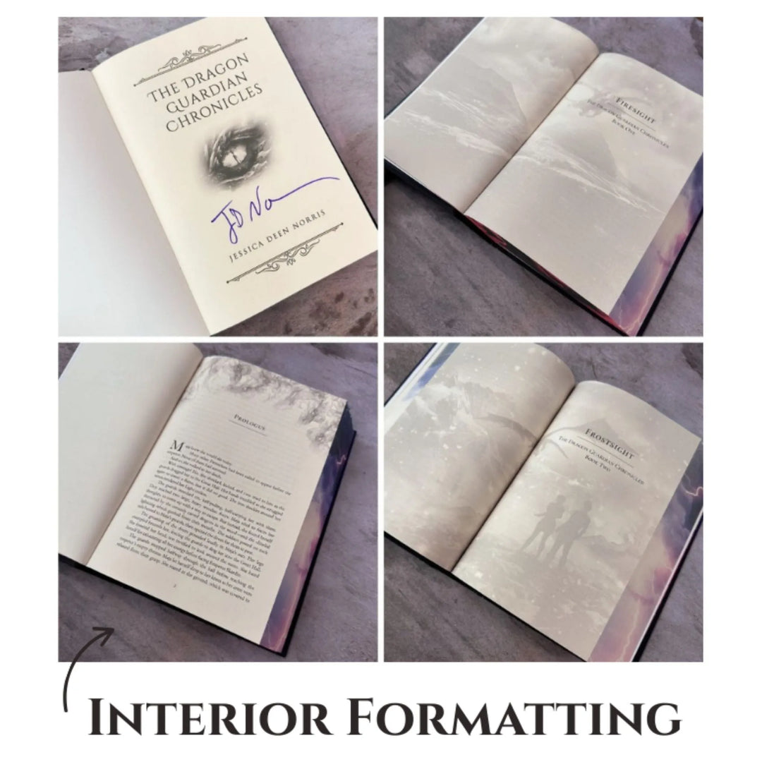 Four photos showing the interior formatting of The Dragon Guardian Chronicles hardcover omnibus. The title page displays a dragon eye illustration and a purple signature by author Jessica Deen Norris. Other pages show decorative chapter headers, soft grayscale background art of mountains and dragons, and elegant serif typography.