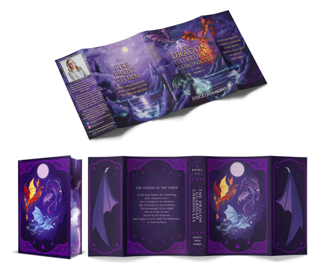 A fantasy book or booklet shown in multiple views on a white background: one open spread view at the top and two closed front/back views below. The cover art is predominantly deep purple and violet with glowing orange fire imagery and pale blue/white dragon illustrations.