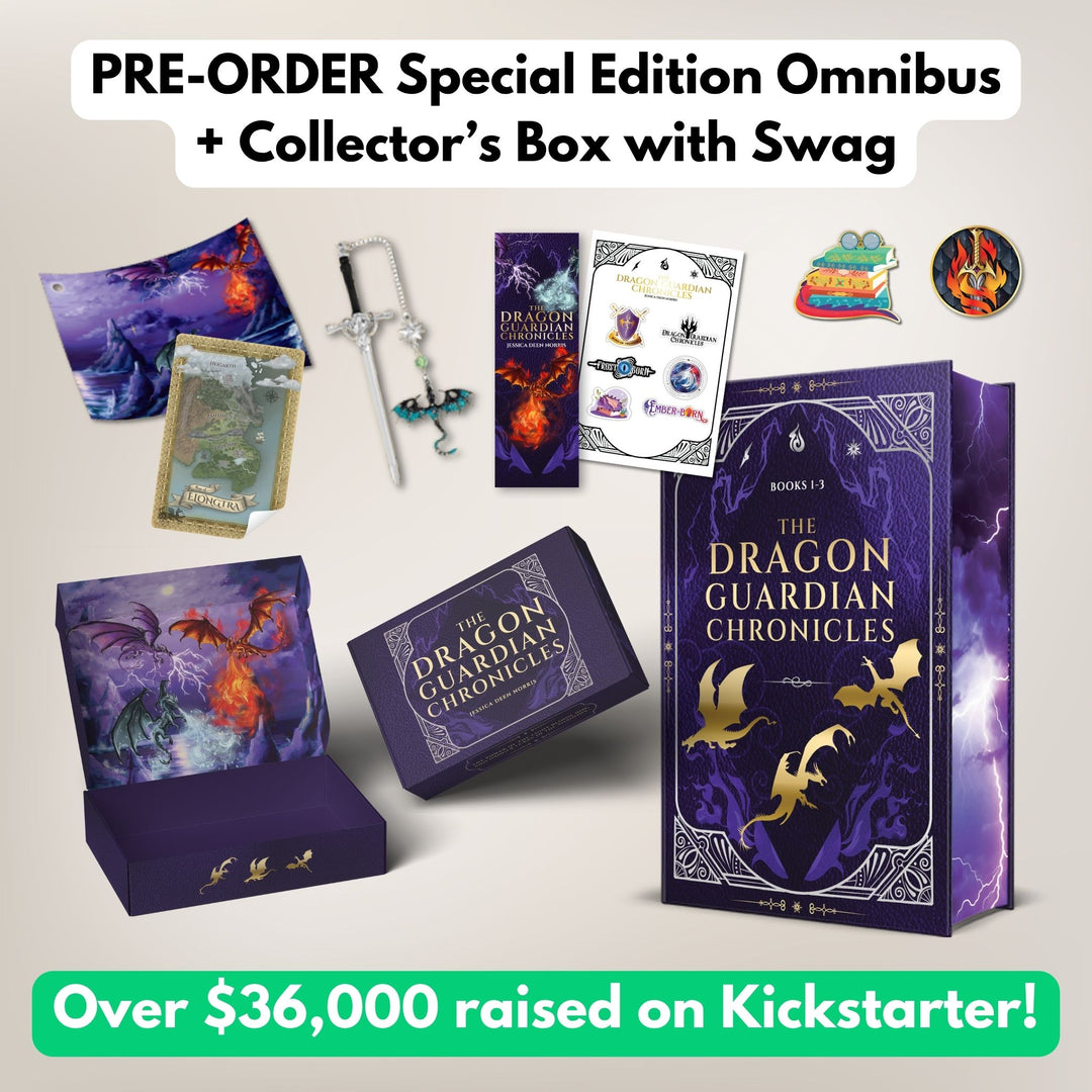 Pre-order special edition omnibus plus collector's box with swag. Over $36,000 raised on Kickstarter. The display includes a large purple hardcover book with gold dragon silhouettes and ornate border designs, a matching collector’s box with interior artwork of three dragons battling in a stormy sky, an art print of the same design, an illustrated map print, a sword-shaped bookmark with a small dragon charm, a foiled bookmark, sticker sheet, and two colorful enamel pins.
