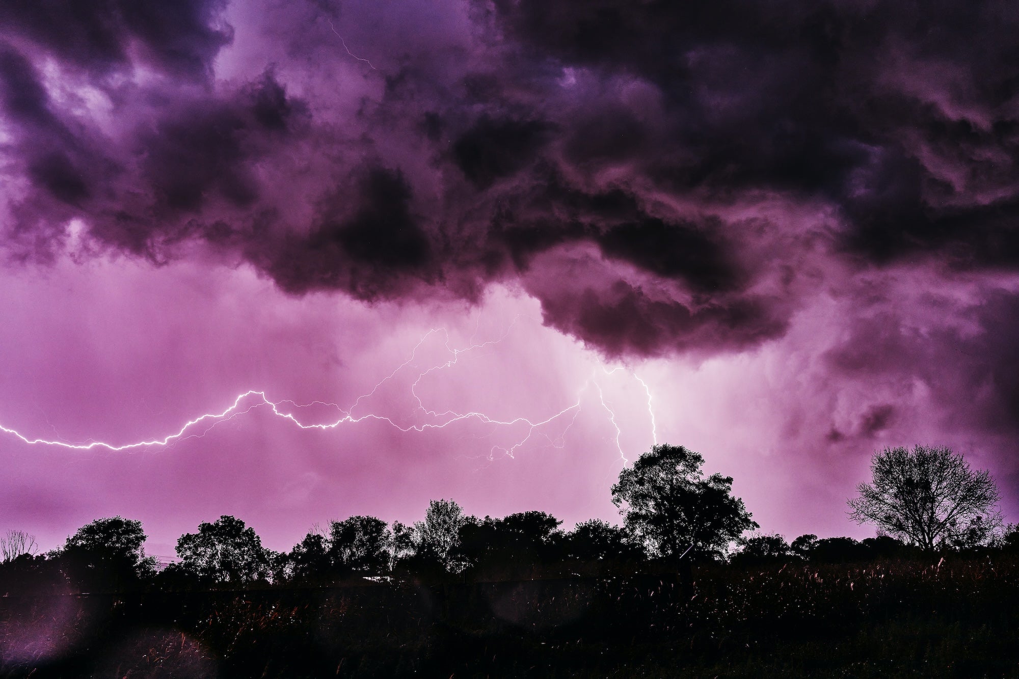 Purple stormy landscape with lightning across the sky