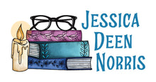 Jessica Deen Norris Logo - A stack of three books (dark blue, light blue, and purple) with black glasses sitting on top. A lit candle sits next to the books. The author's name is to the right of the design.