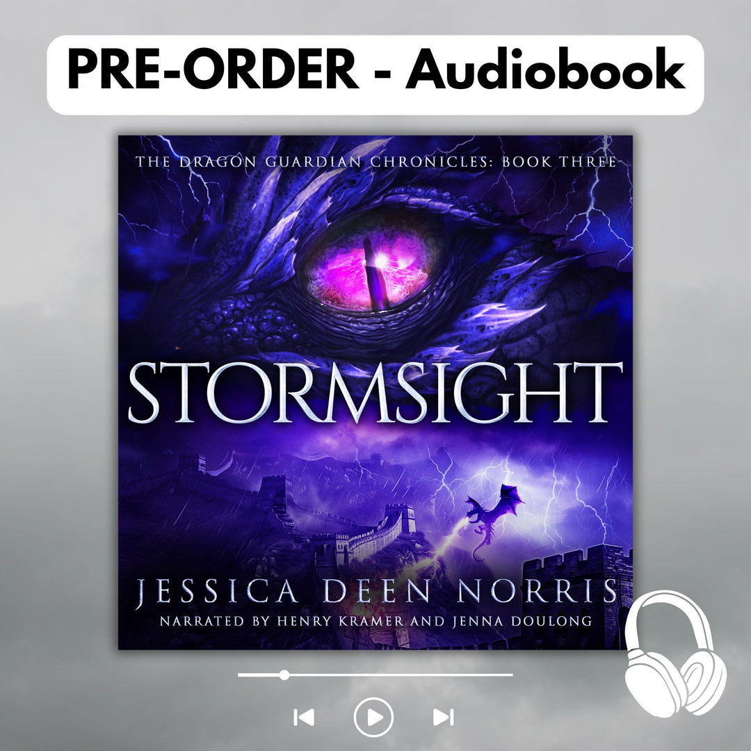 Pre-Order - Audiobook - Frostsight by Jessica Deen Norris - Narrated by Henry Kramer and Jenna Doulong. Cover features the title across the middle with a purple dragon eye and "The Dragon Guardian Chronicles Book 3" above it. Below the title, a dragon breathes lightning onto a huge stone wall. The author's name is at the bottom of the cover.