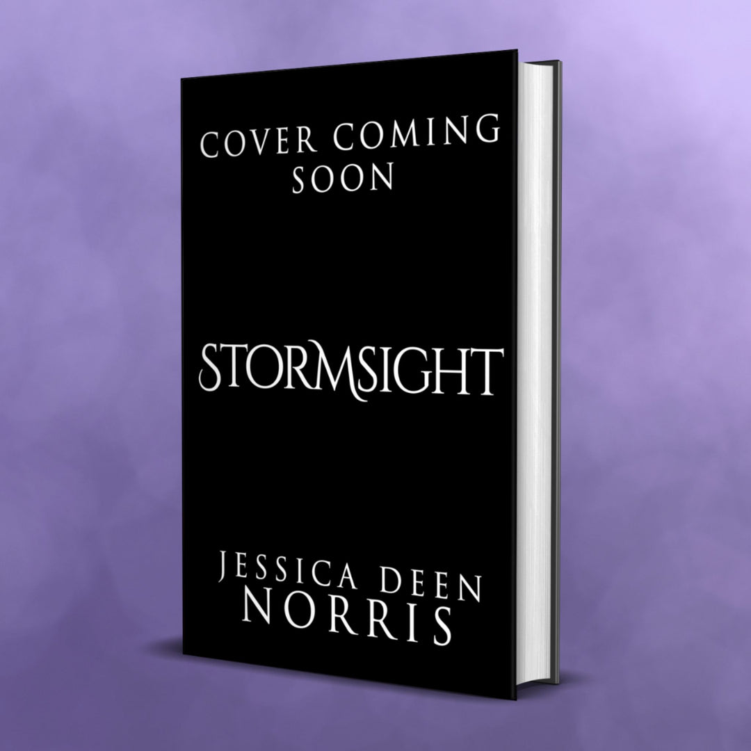Mockup of a hardcover book showing a temporary black and white cover of Stormsight
