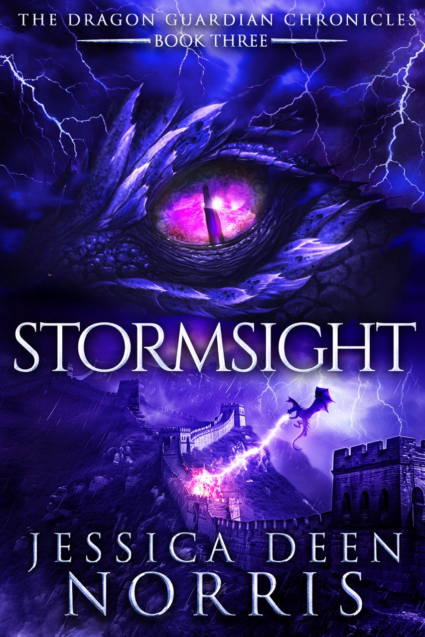 Stormsight cover. Cover features the title across the middle with a purple dragon eye and "The Dragon Guardian Chronicles Book 3" above it. Below the title, a dragon breathes lightning onto a huge stone wall. The author's name is at the bottom of the cover.