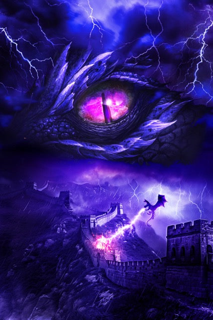 Artwork from the cover of Stormsight. Artwork features a purple dragon eye at the top. Below the eye, a dragon breathes lightning onto a huge stone wall.