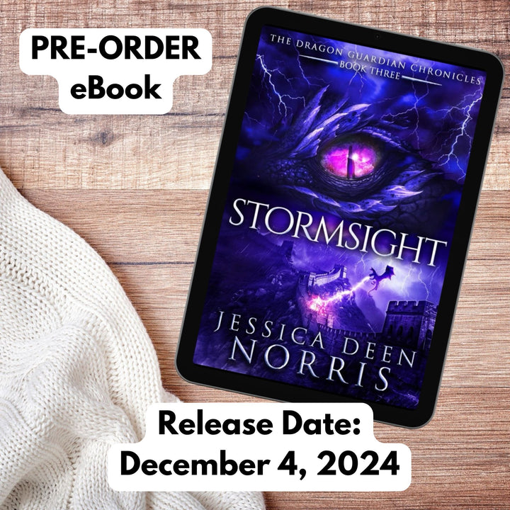 Stormsight ebook with cover showing on a tablet device. Cover features the title across the middle with a purple dragon eye and "The Dragon Guardian Chronicles Book 3" above it. Below the title, a dragon breathes lightning onto a huge stone wall. The author's name is at the bottom of the cover.