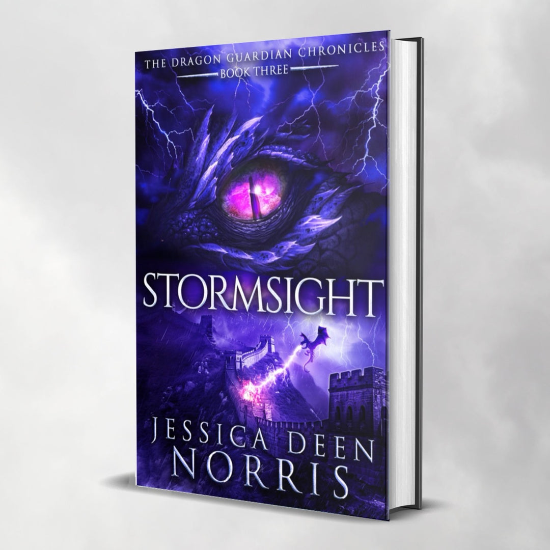 Mockup of a hardcover book for Stormsight. Cover features the title across the middle with a purple dragon eye and "The Dragon Guardian Chronicles Book 3" above it. Below the title, a dragon breathes lightning onto a huge stone wall. The author's name is at the bottom of the cover.