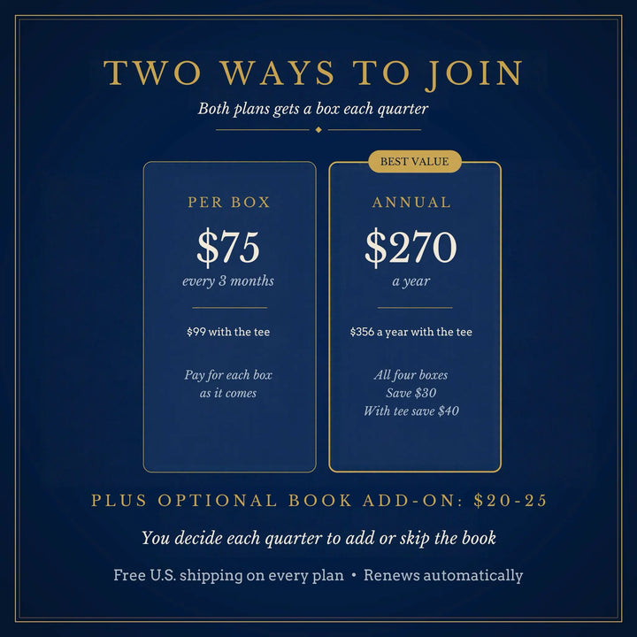 A dark navy promotional graphic with gold text outlining two joining plans: a per-box plan at $75 every 3 months and an annual plan at $270, plus an optional book add-on at $20-25. The layout is clean and centered on a navy background with gold borders and typography.