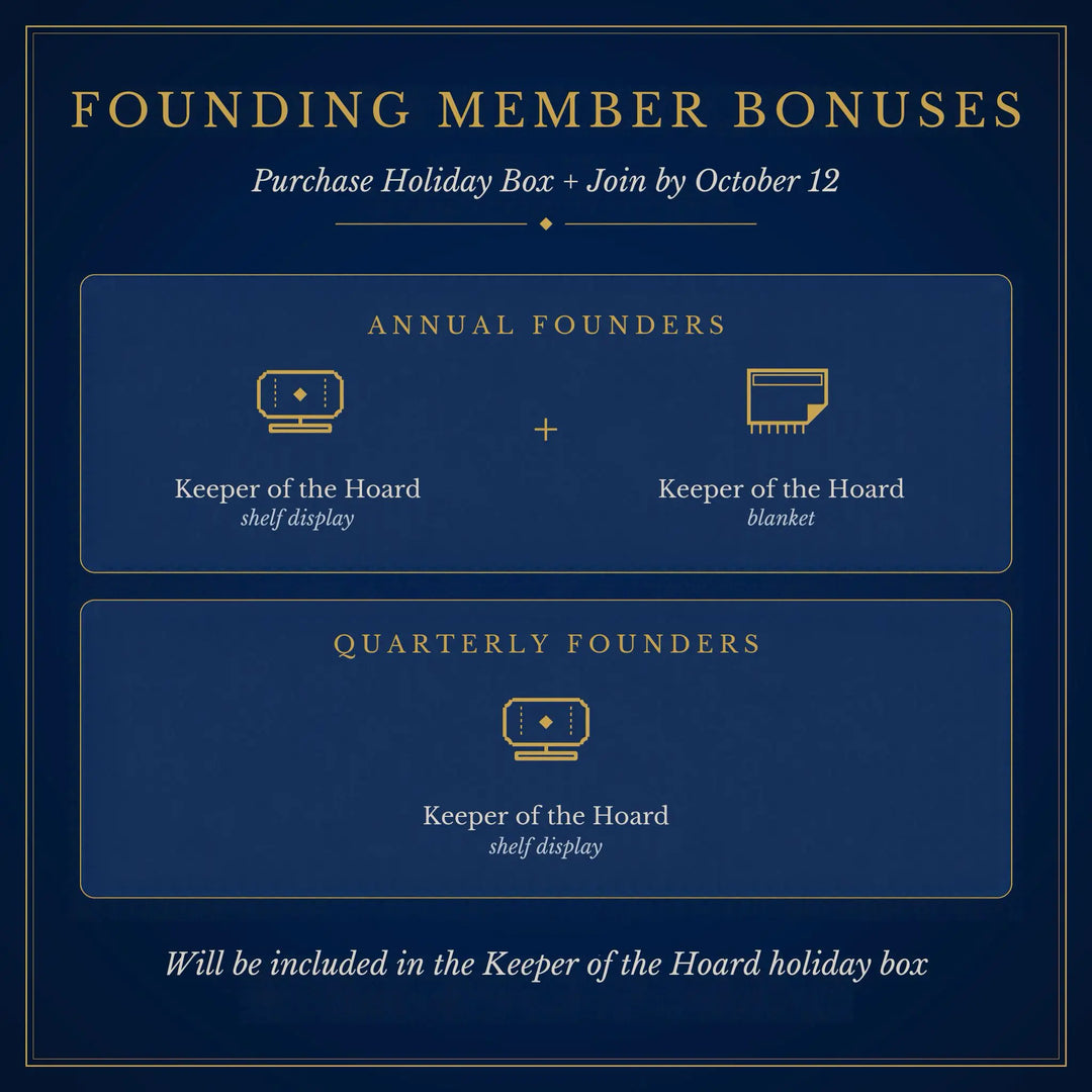 A promotional graphic on a dark navy background with gold text and icons. It reads &