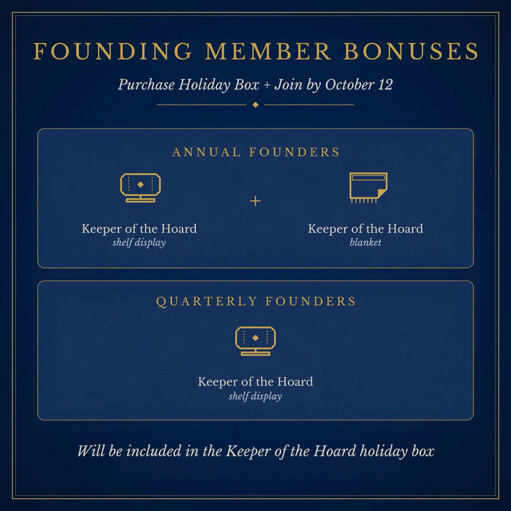 A promotional graphic on a dark navy background with gold text and icons. It reads &